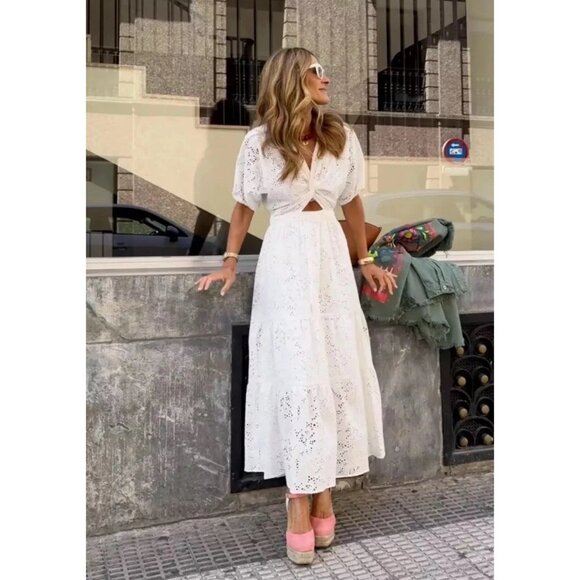 Zara Dress Women’s Knotted White Embroidered Eyelet Midi Length Size XS Quiet Lu - Picture 1 of 8